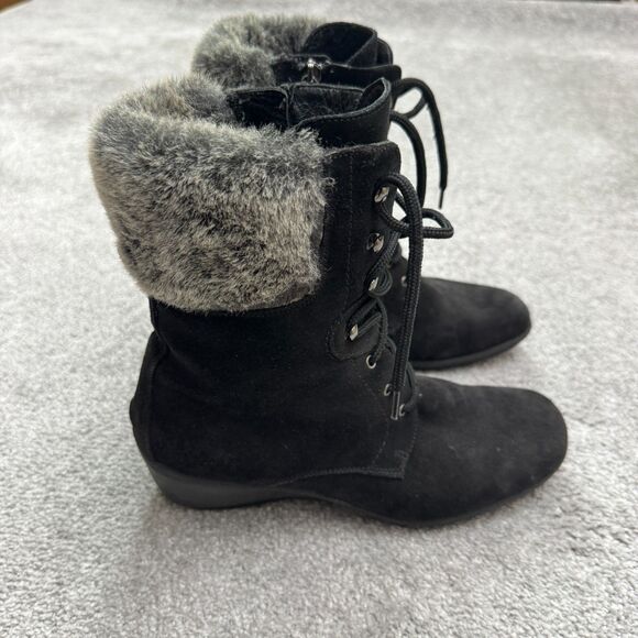 Aquatalia Suede Faux Fur Wedge Winte Boots Womens 8 Black Lace Up Side Zip Italy - Picture 16 of 16
